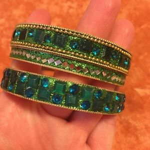 Set of 3 green sparkly glitter rhinestone gold bangle bracelets